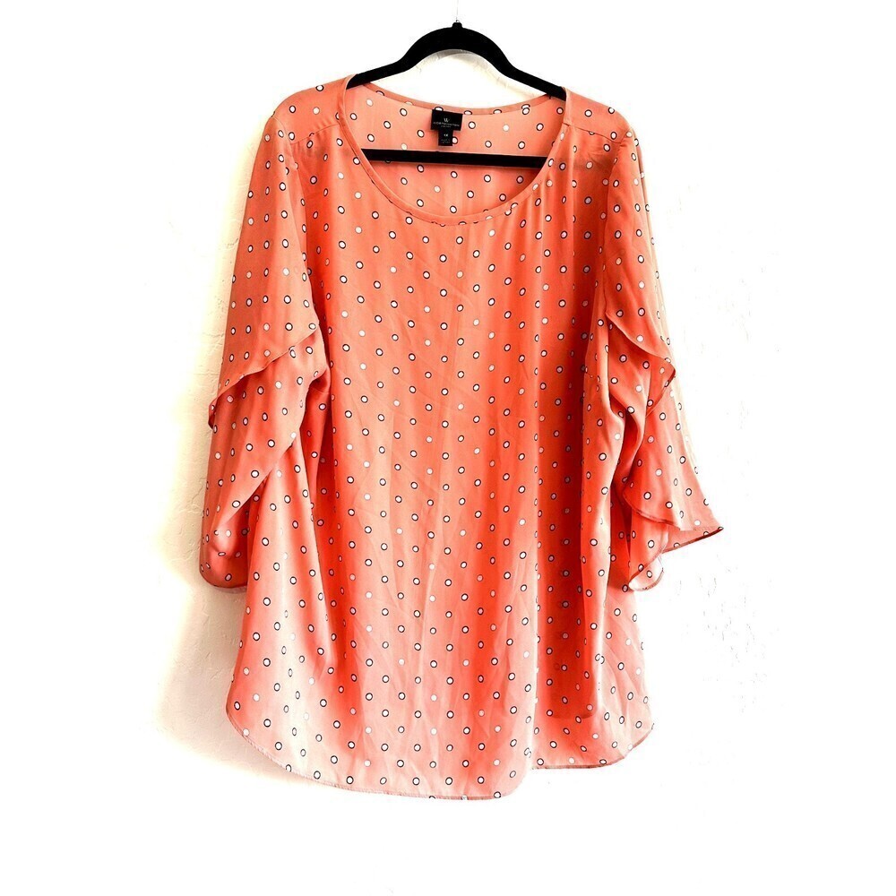 Worthington Woman's Polka Dot Flutter Sleeve Orange Top Size 1X Lightweight‎